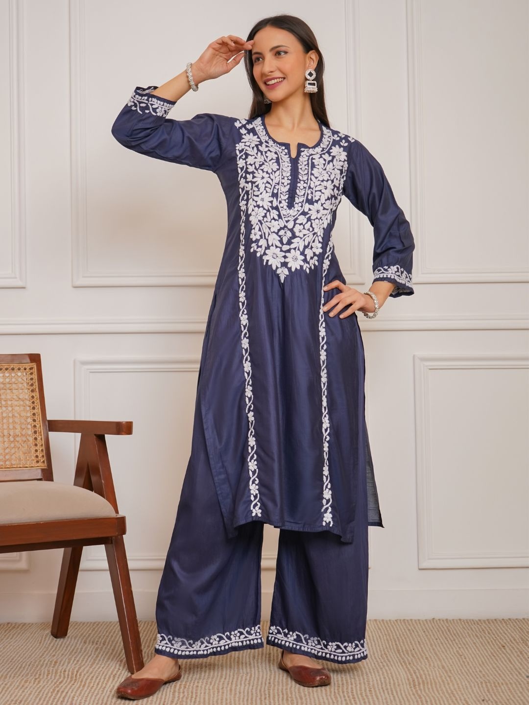 

Chowkhat Women Printed Panelled Chikankari Chanderi Cotton Kurta with Palazzos, Navy blue