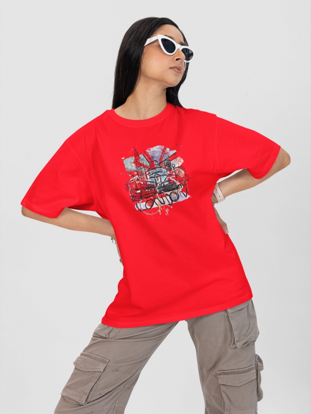 

Moda Rapido Women Printed Drop-Shoulder Sleeves Pockets T-shirt, Red