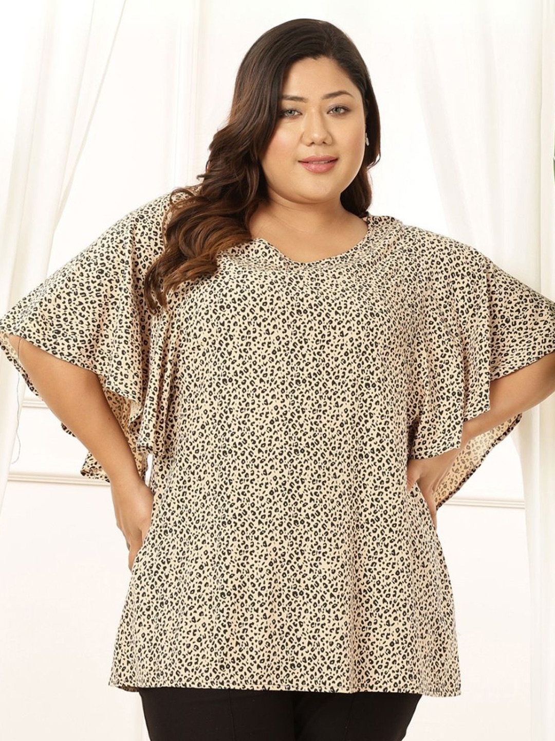 

Amydus Women Plus Size Flare Sleeve Leopard Print Top, Beige