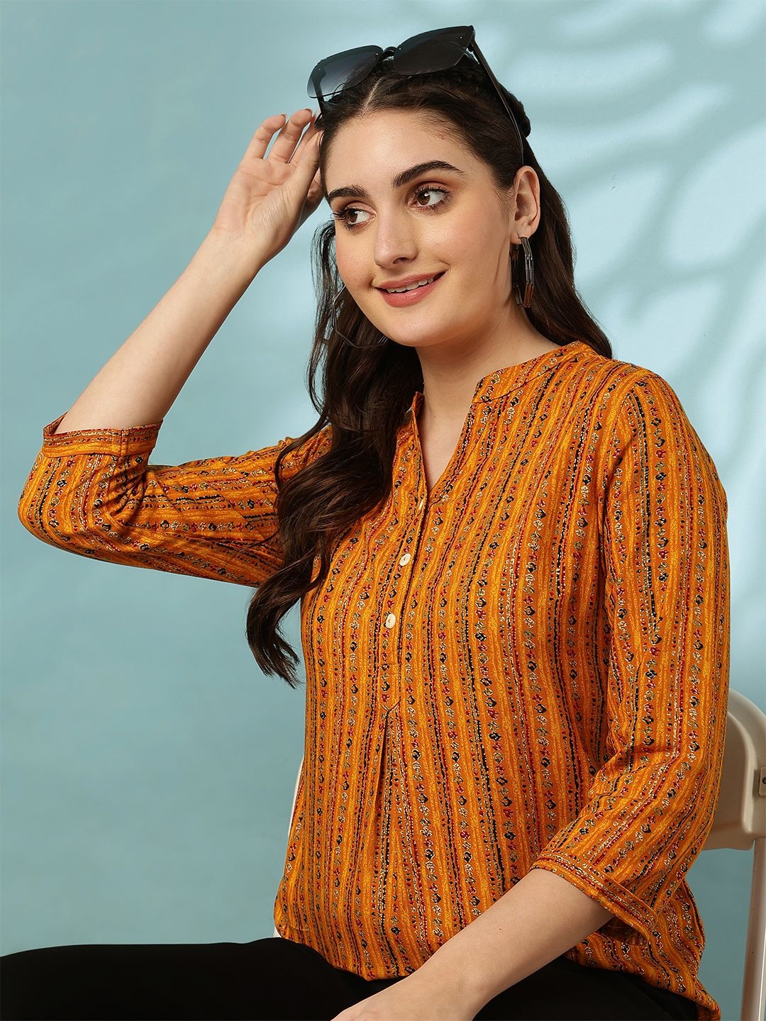 

Anouk Floral Print Mandarin Collar Shirt Style Top, Mustard