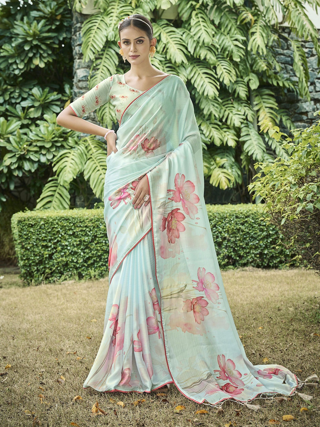 

TASRIKA Floral Satin Saree, Teal