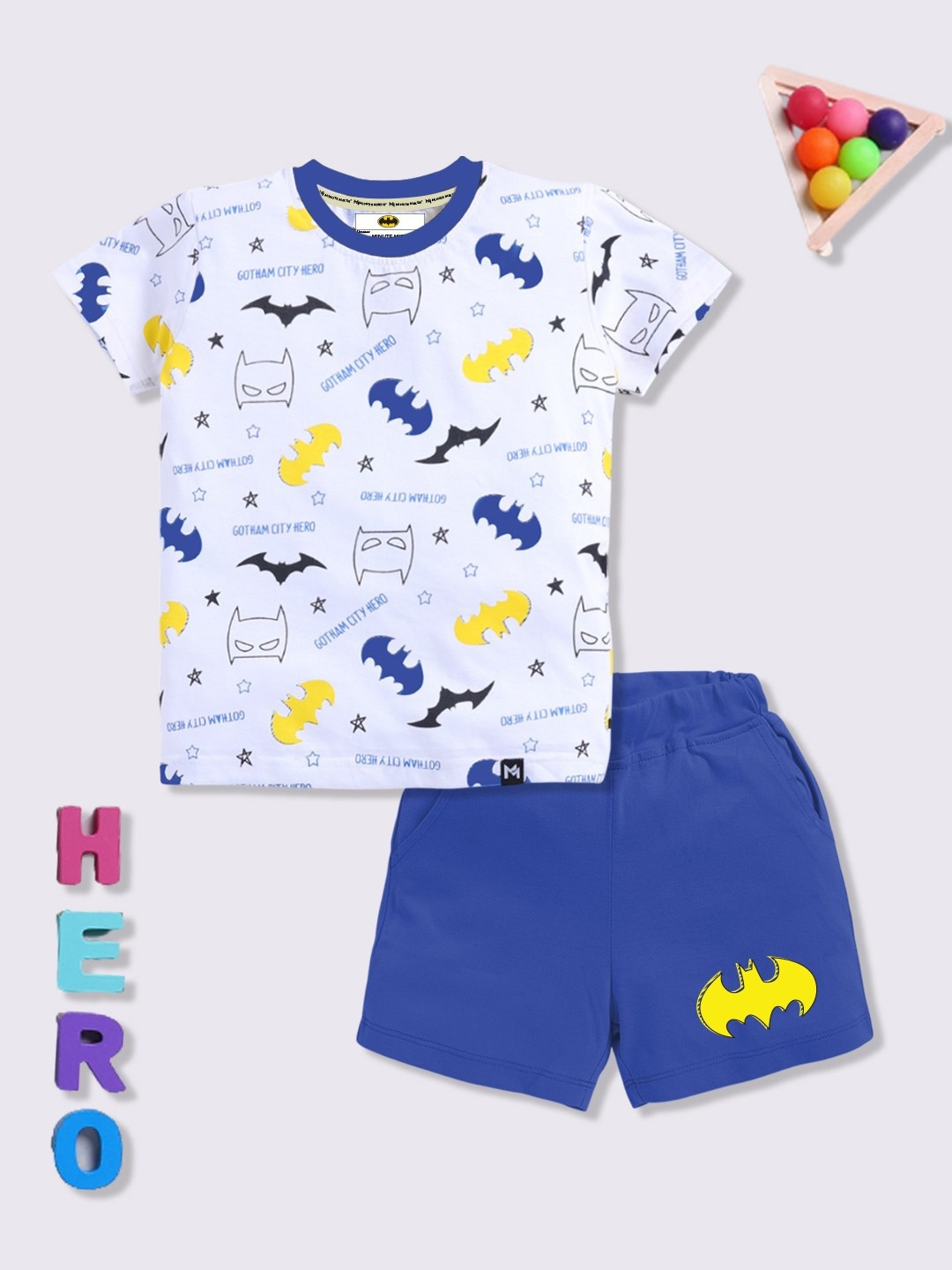 

YK X Minute Mirth Boys Batman Printed Pure Cotton T-shirt with Shorts, Blue