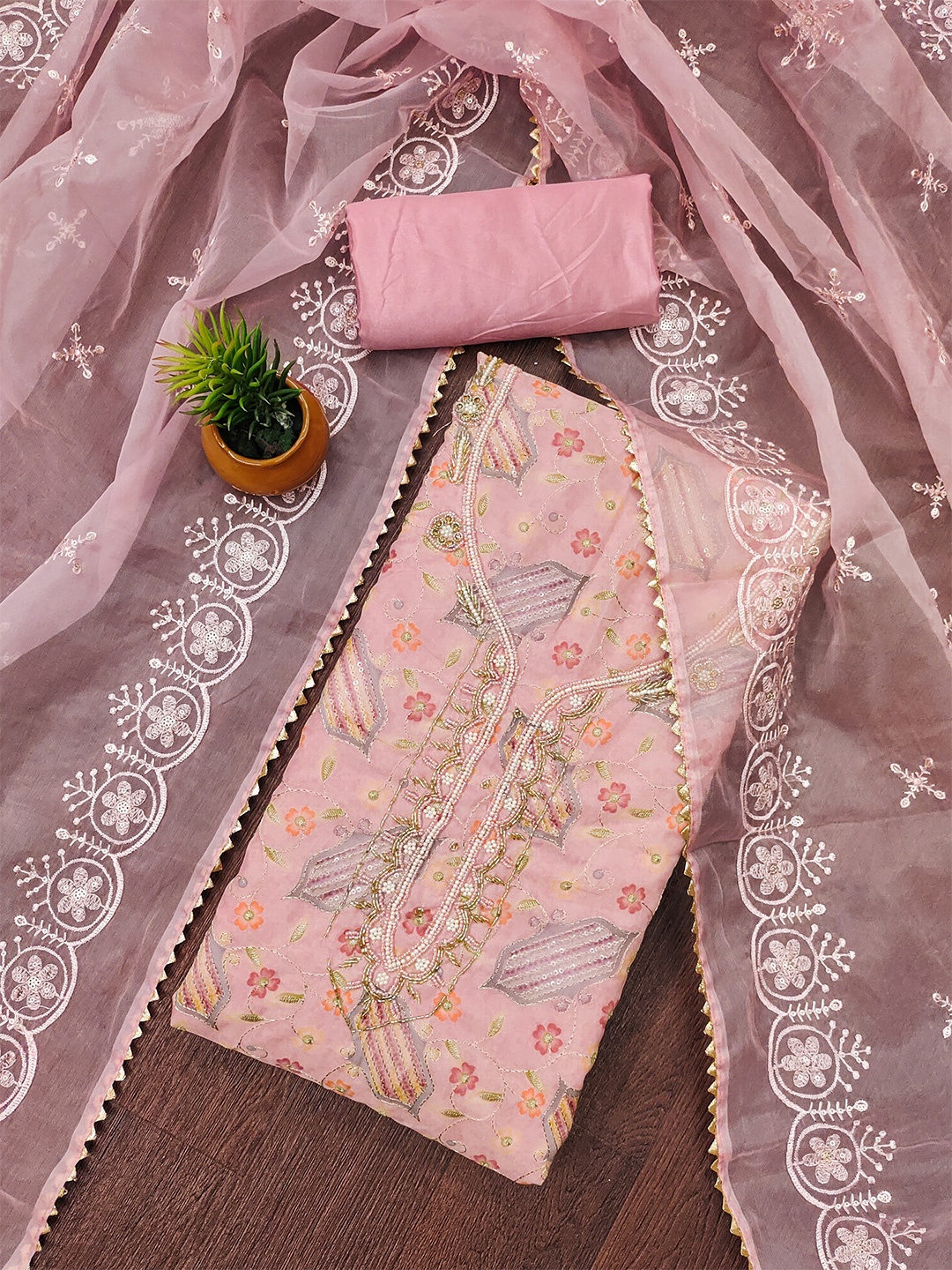 

BlissFlair Floral Printed Beads Work Organza Unstitched Dress Material, Pink