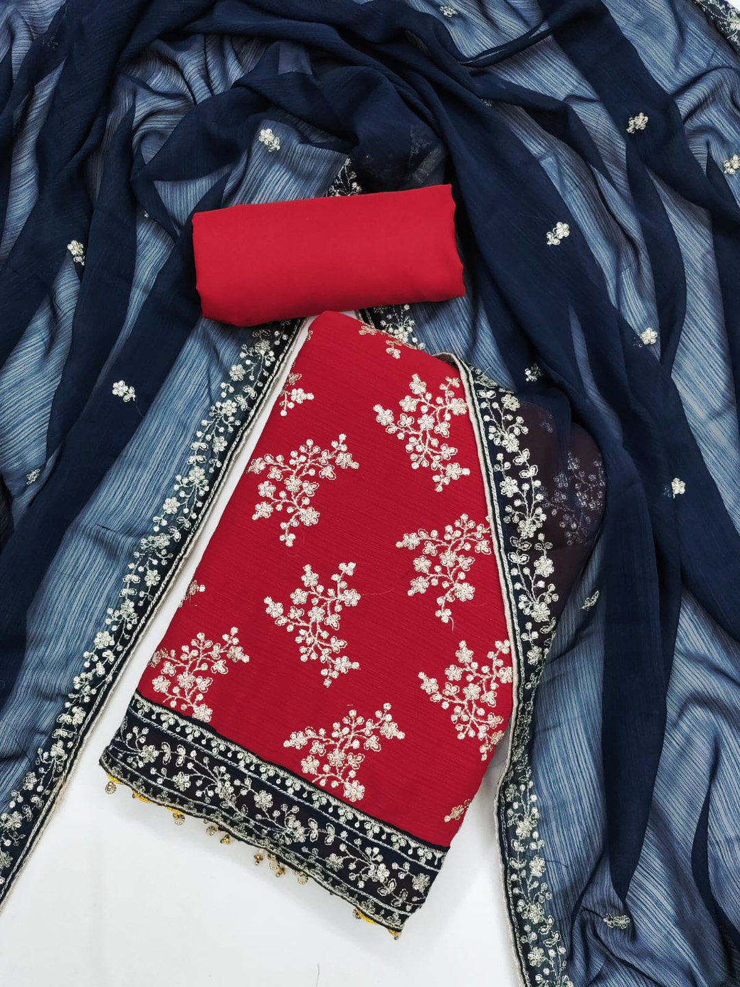 

SWARNGANGA TEX Floral Embroidered Georgette Unstitched Dress Material, Red