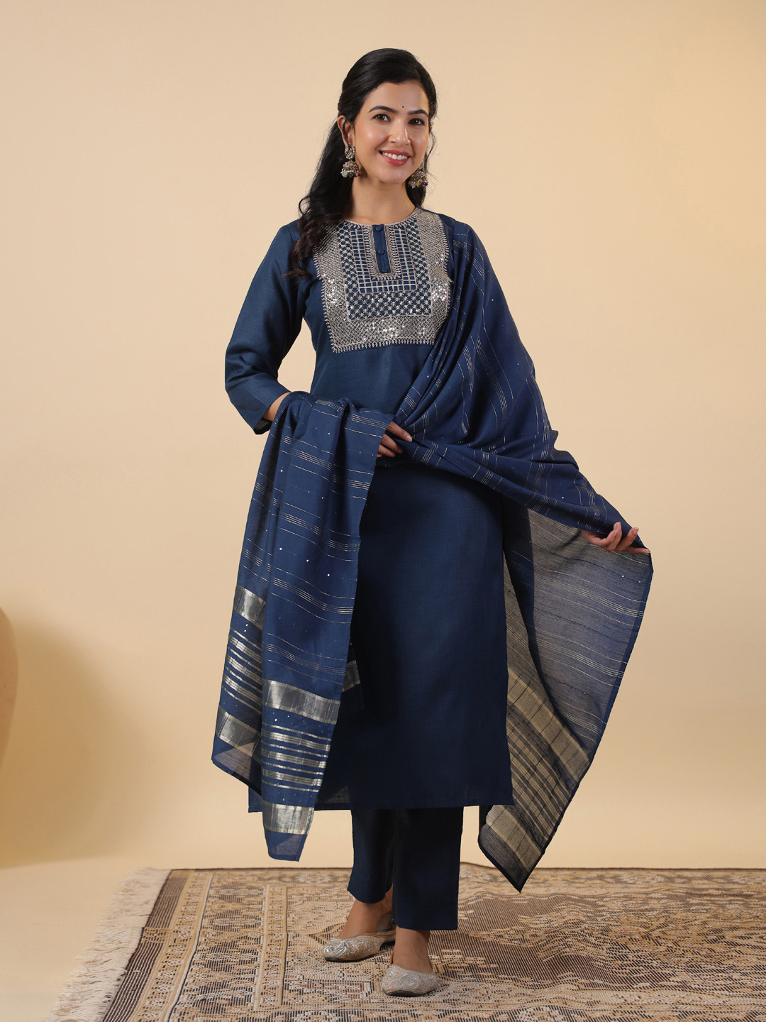 

KALINI Women Floral Embroidered Regular Sequinned Pure Cotton Kurta with Trousers & With Dupatta, Blue