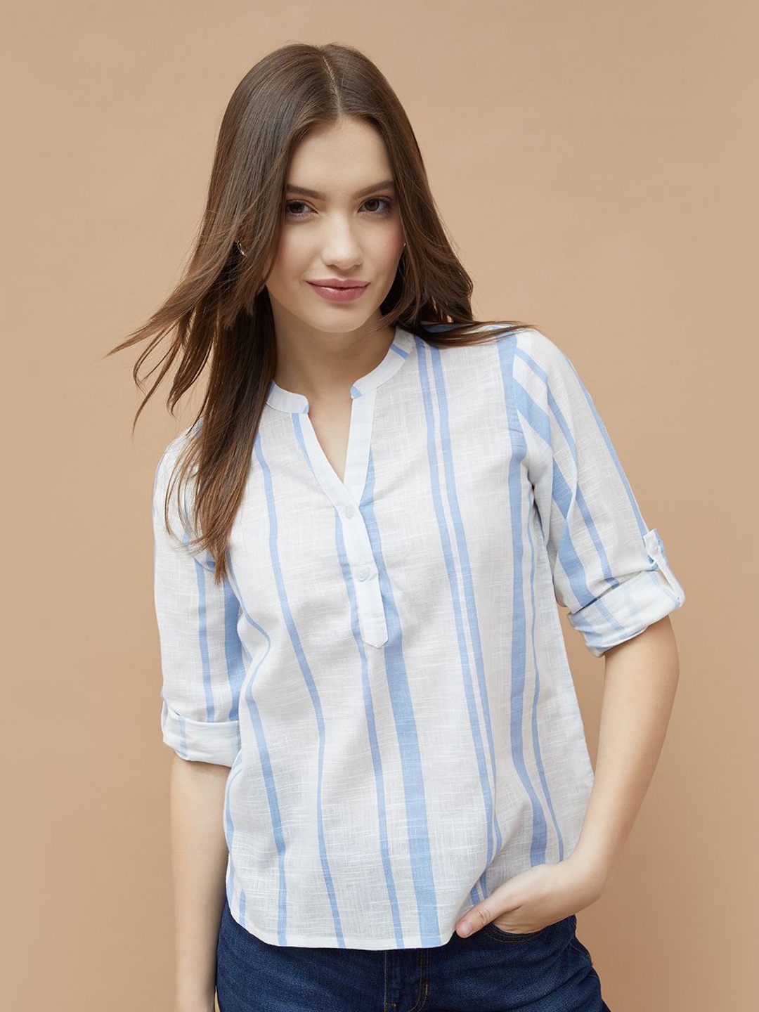 

Fame Forever by Lifestyle Print Roll-Up Sleeves Cotton Shirt Style Top, Blue