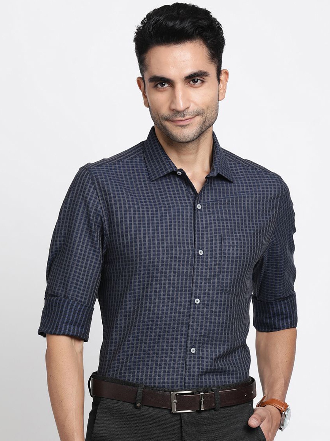 

Turtle Men Standard Micro Checks Opaque Checked Formal Shirt, Blue