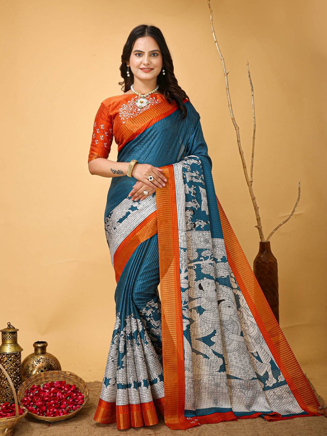 

DIVASTRI Kalamkari Zari Pure Cotton Kanjeevaram Saree, Blue