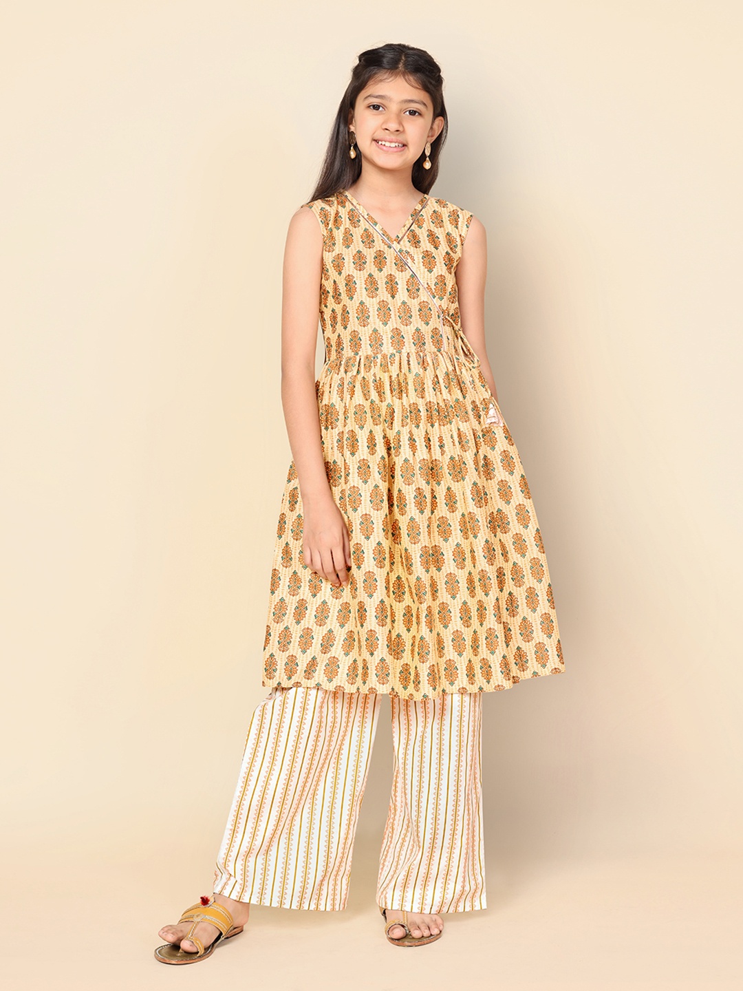 

BAESD Girls Ethnic Motifs Printed Angrakha Kurta with Palazzos, Yellow