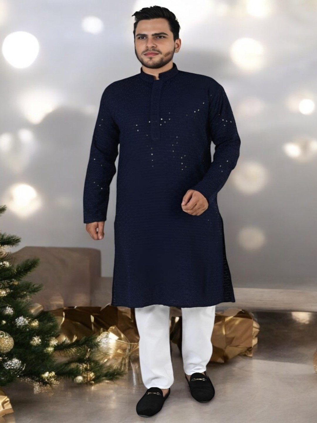 

Atly Men Embroidered Regular Sequinned Kurta with Pyjamas, Navy blue