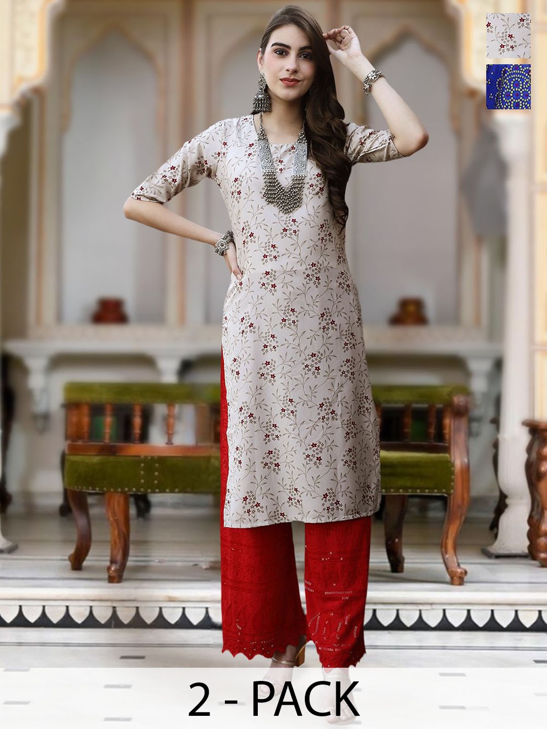 

Moda Rapido Selection Of 2 Floral Printed Round Neck Straight Kurta, Brown