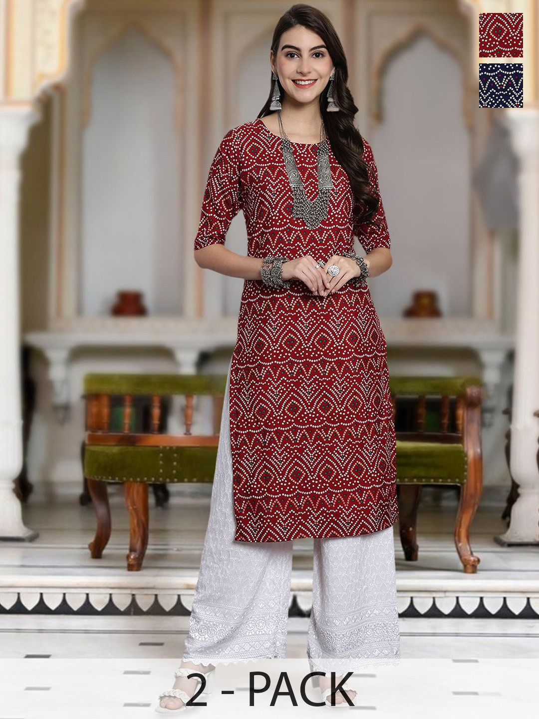 

Moda Rapido Selection Of 2 Bandhani Printed Round Neck Straight Kurta, Red
