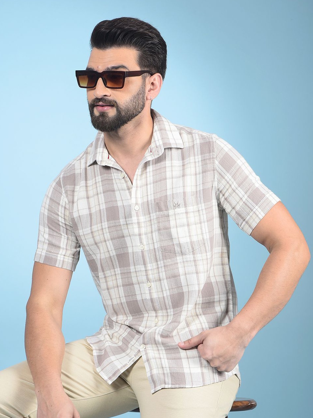 

Crimsoune Club Men Classic Slim Fit Tartan Checks Opaque Checked Casual Shirt, Khaki