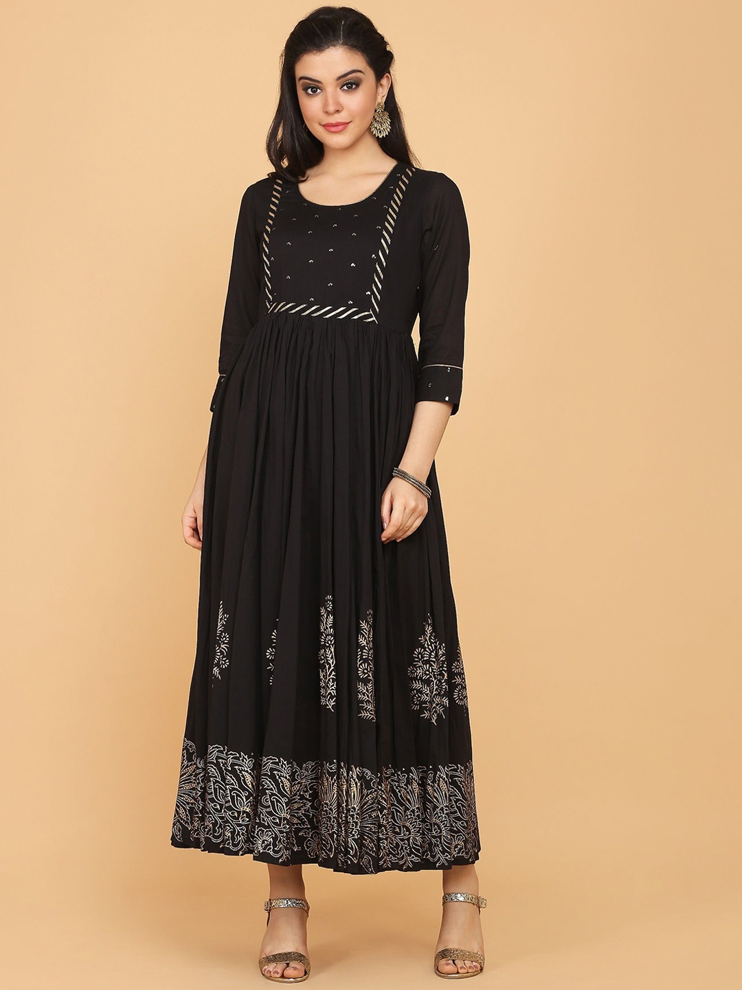 

KALINI Floral Printed Round Neck Empire Sequinned Pure Cotton Anarkali Kurta, Black