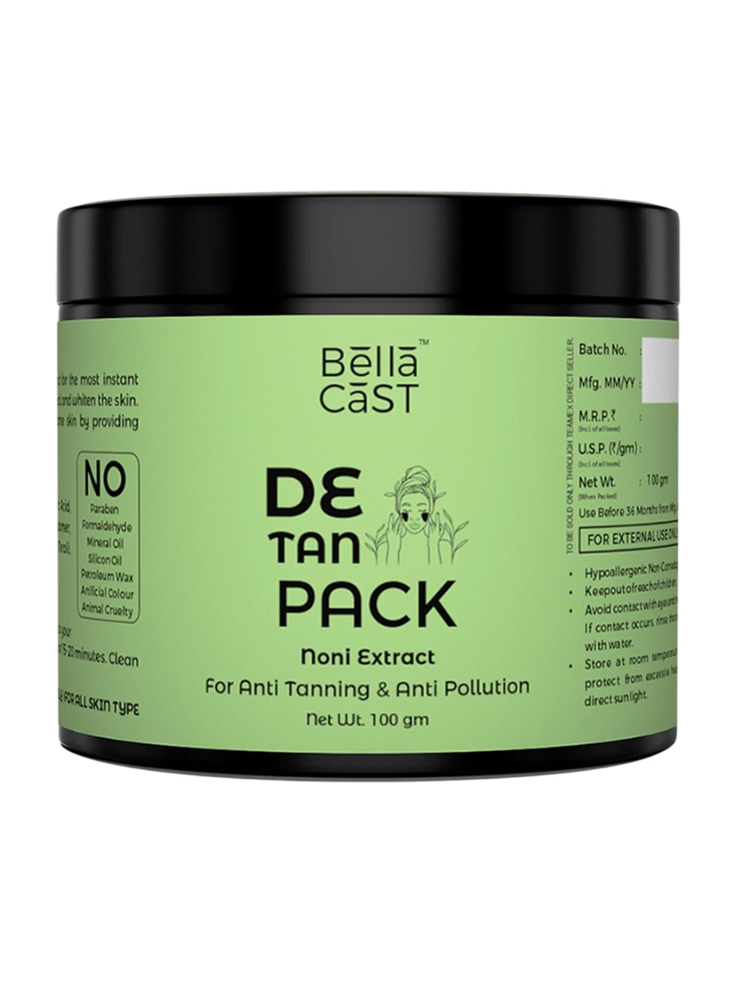 

BellaCast De-Tan Pack With Noni Extract For Anti Tanning & Anti Pollution - 100 g, Green