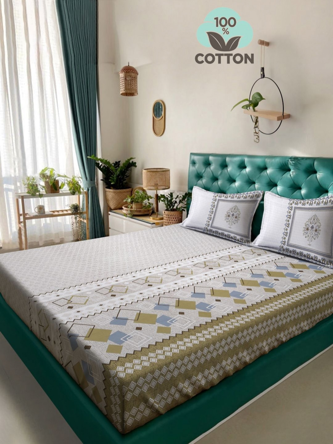 

Myntra Elegant Homes White Printed Pure Cotton 400 TC King Bedsheet Set 2.7 m X 2.7 m, Grey