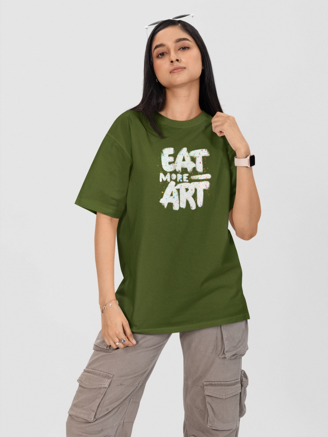 

Moda Rapido Women Printed Oversized Drop-Shoulder Sleeves T-Shirt, Green
