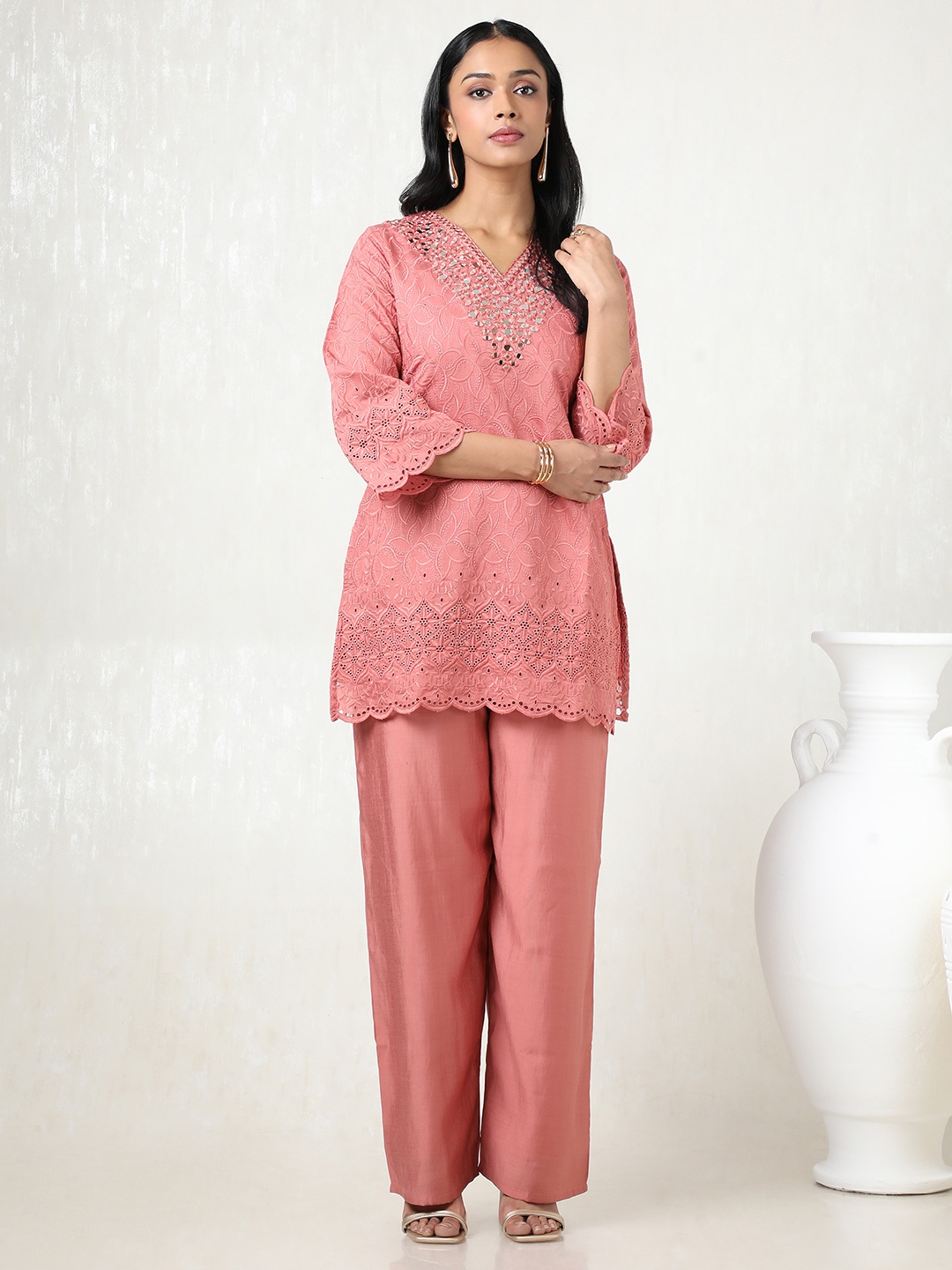 

Soch Women Embroidered Regular Mirror Work Kurta with Palazzos, Peach