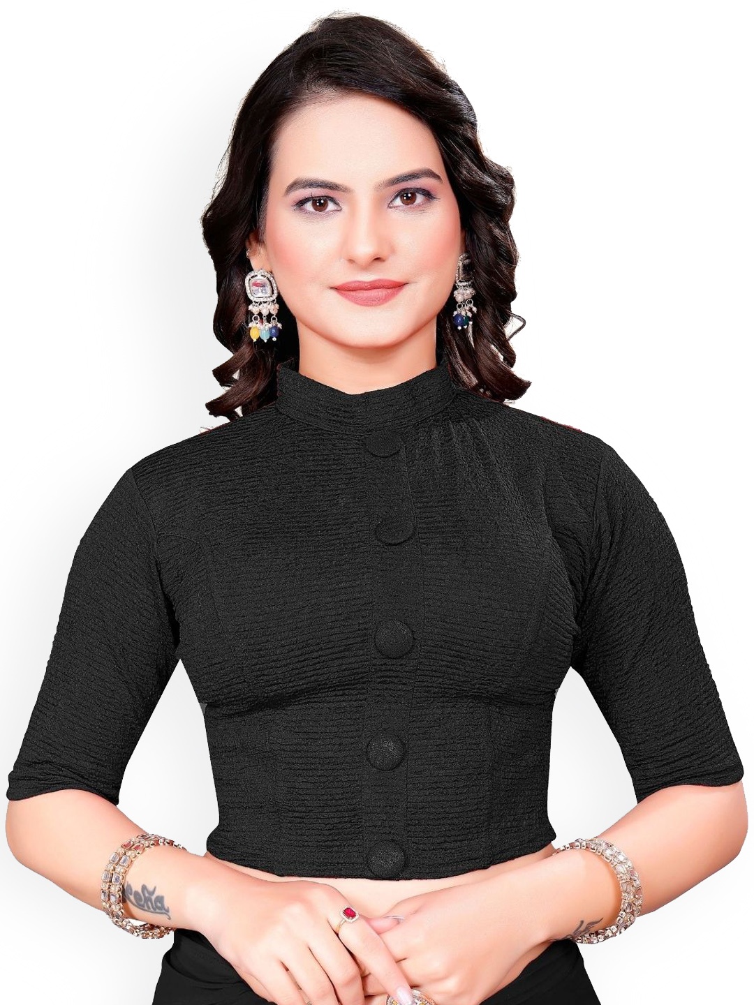 

SS Sanket Synthetics Self Design Cotton Shorts Sleeves Saree Blouse, Black