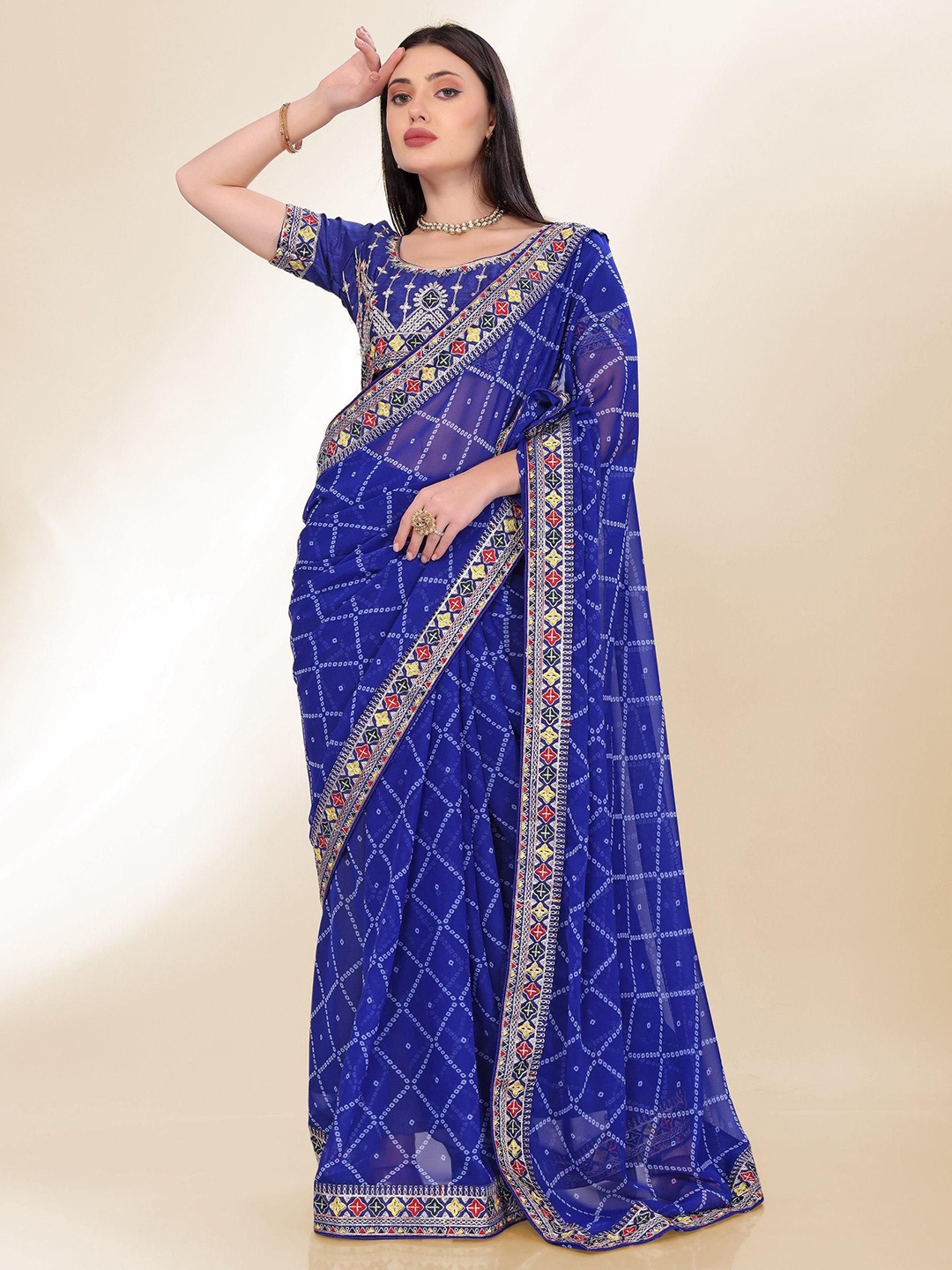 

VenderVilla Bandhani Embroidered Pure Georgette Saree, Blue