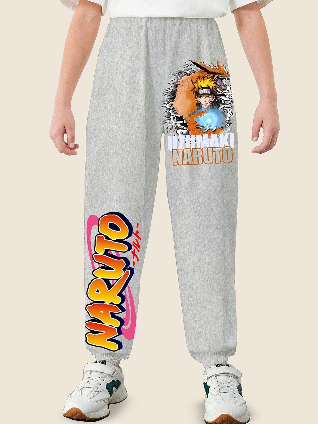 

MODARUE Boys Anime Printed Cotton Mid Rise Joggers, Grey