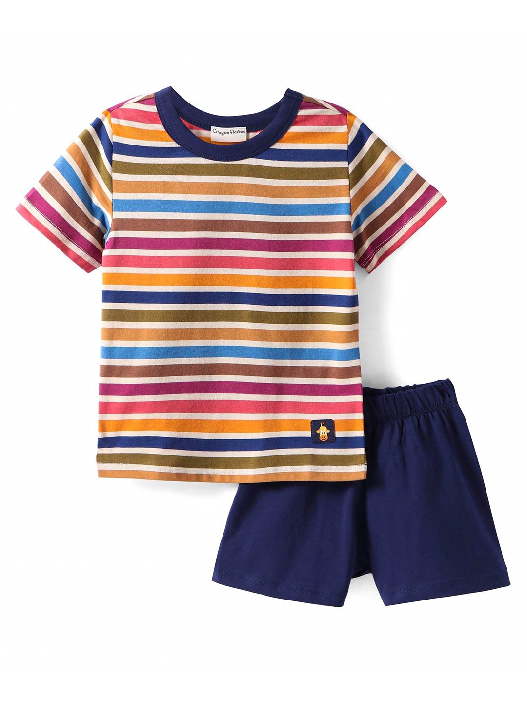 

CrayonFlakes Girls Striped Round Neck Pure Cotton T-Shirt With Short, Blue