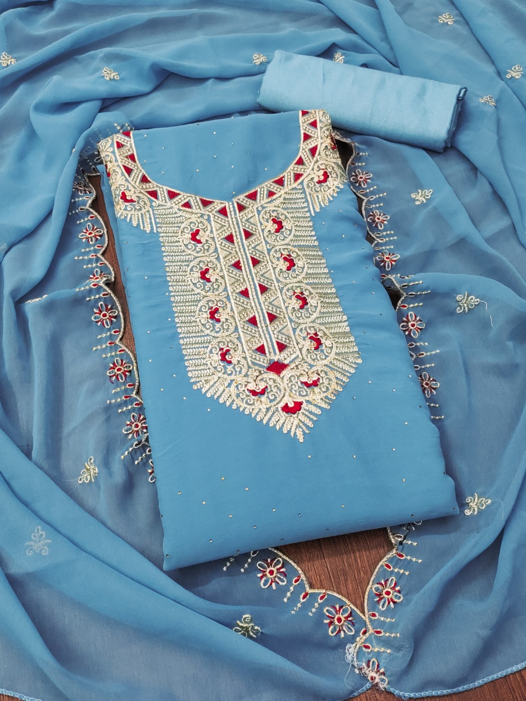 

KALINI Floral Embroidered Georgette Unstitched Dress Material, Blue