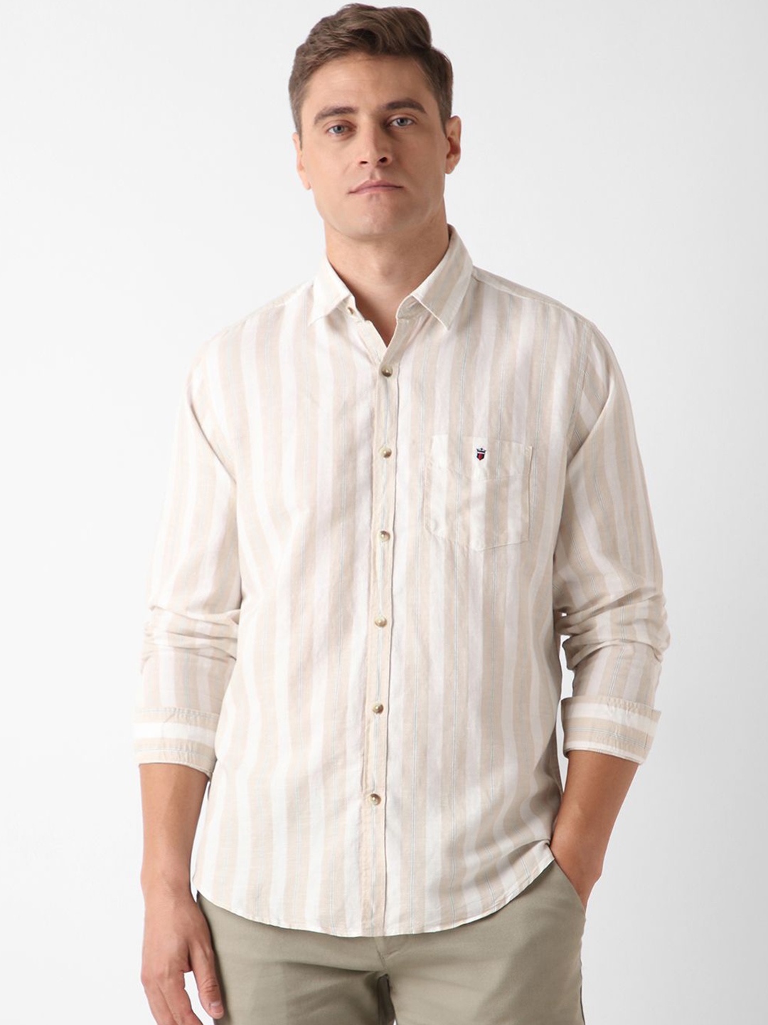 

Louis Philippe Sport Men Slim Fit Opaque Striped Casual Shirt, Beige