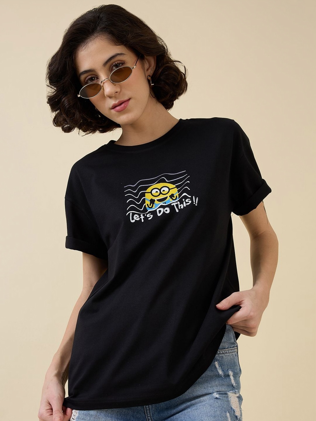 

Minions by Kook N Keech Women Printed Raw Edge T-shirt, Black