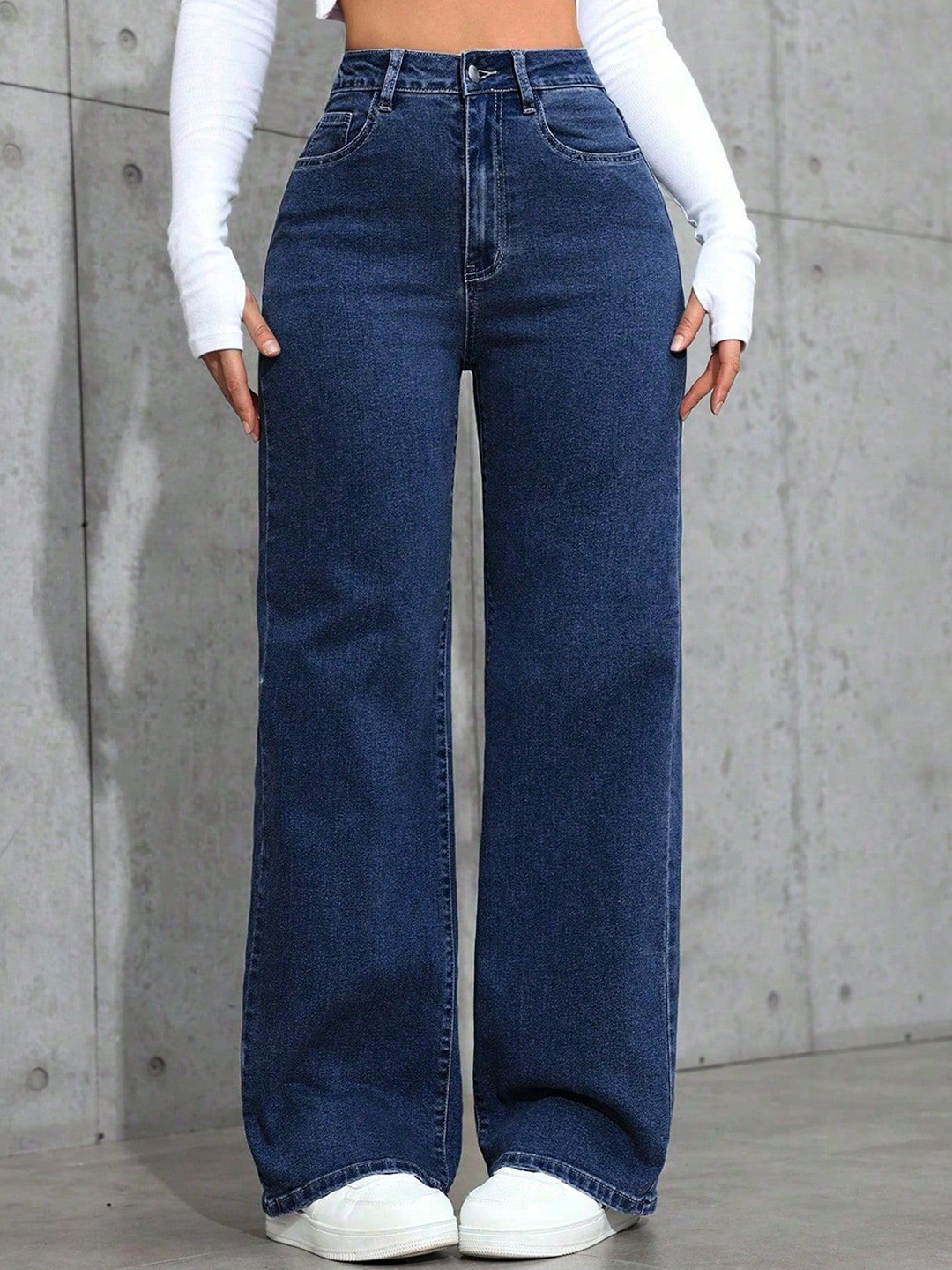 

DressBerry Women Comfort Straight Fit High-Rise Light Fade Acid Wash Stretchable Jeans, Navy blue