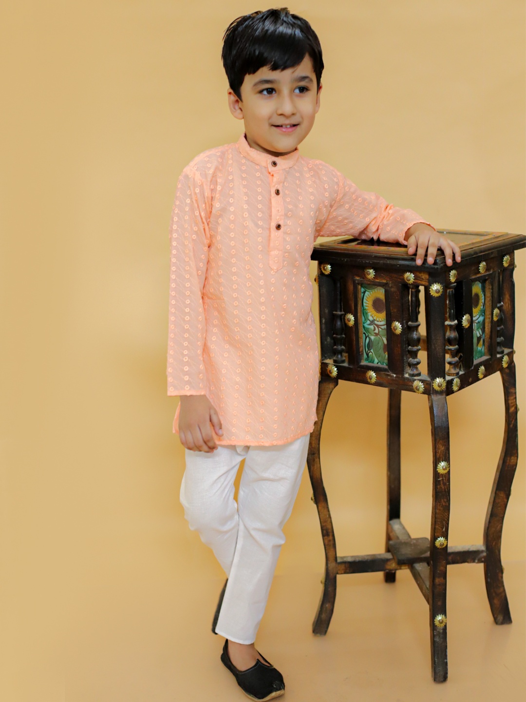 

MoMaa Boys Regular Chikankari Pure Cotton Kurta with Dhoti Pants, Peach