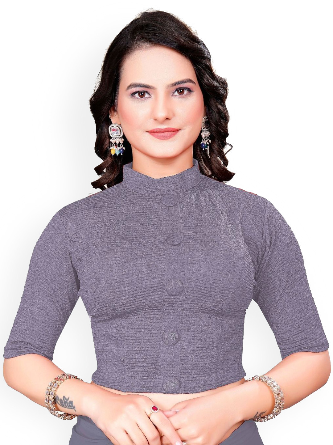 

SS Sanket Synthetics Self Design Cotton Shorts Sleeves Saree Blouse, Grey