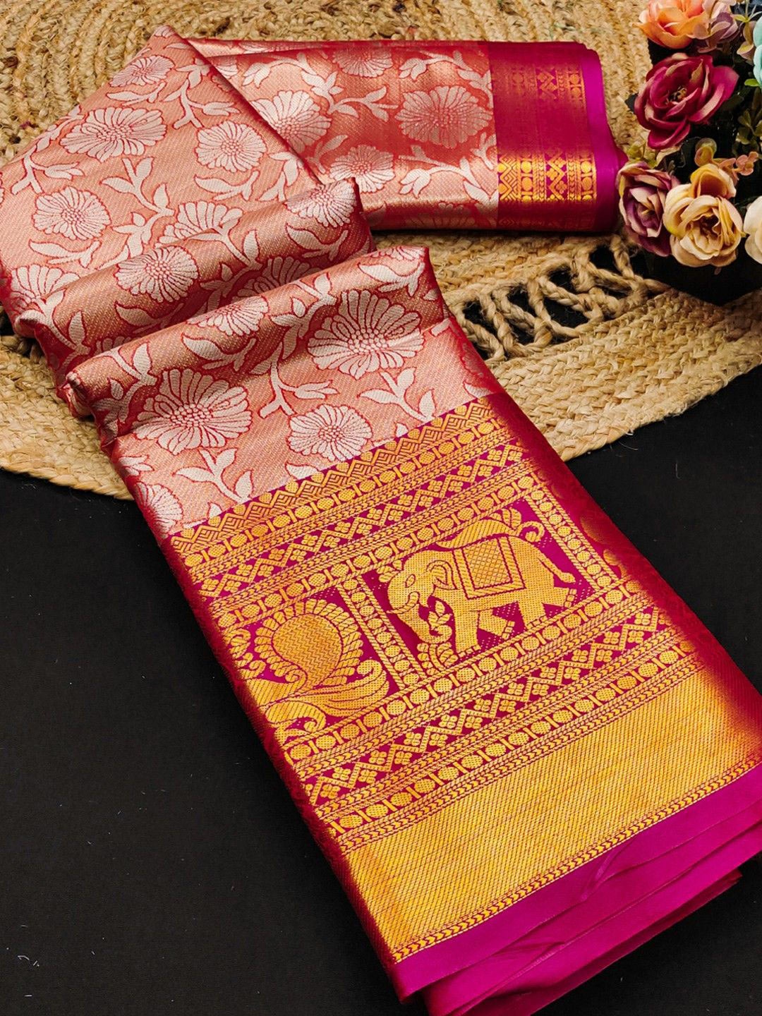 

Mitera Woven Design Zari Pure Silk Kanjeevaram Saree, Orange