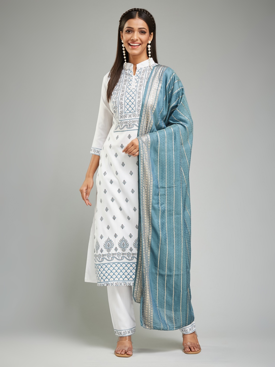 

Nimidiya Women Printed Regular Kurta with Trousers & With Dupatta, White