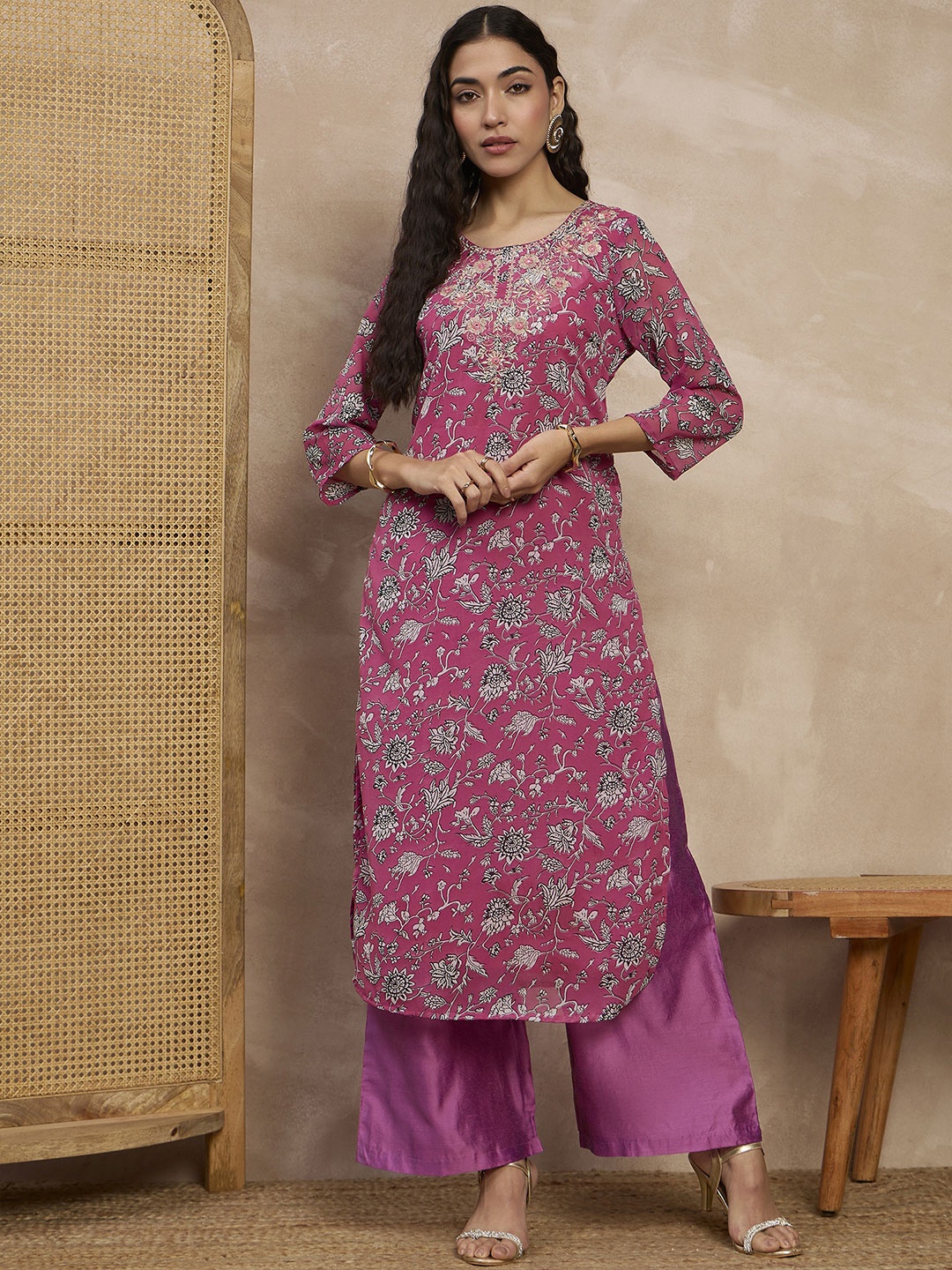 

all about you Women Floral Printed Regular Kurta with Palazzos, Pink