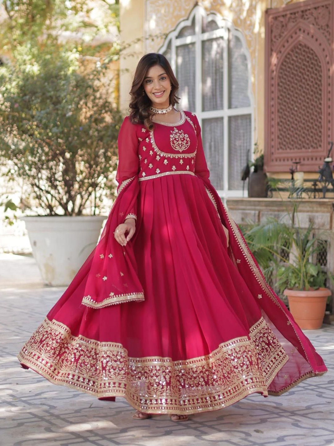 

Tilton Georgette Sequins Embroidered Flared Gown With Heavy Dupatta, Pink