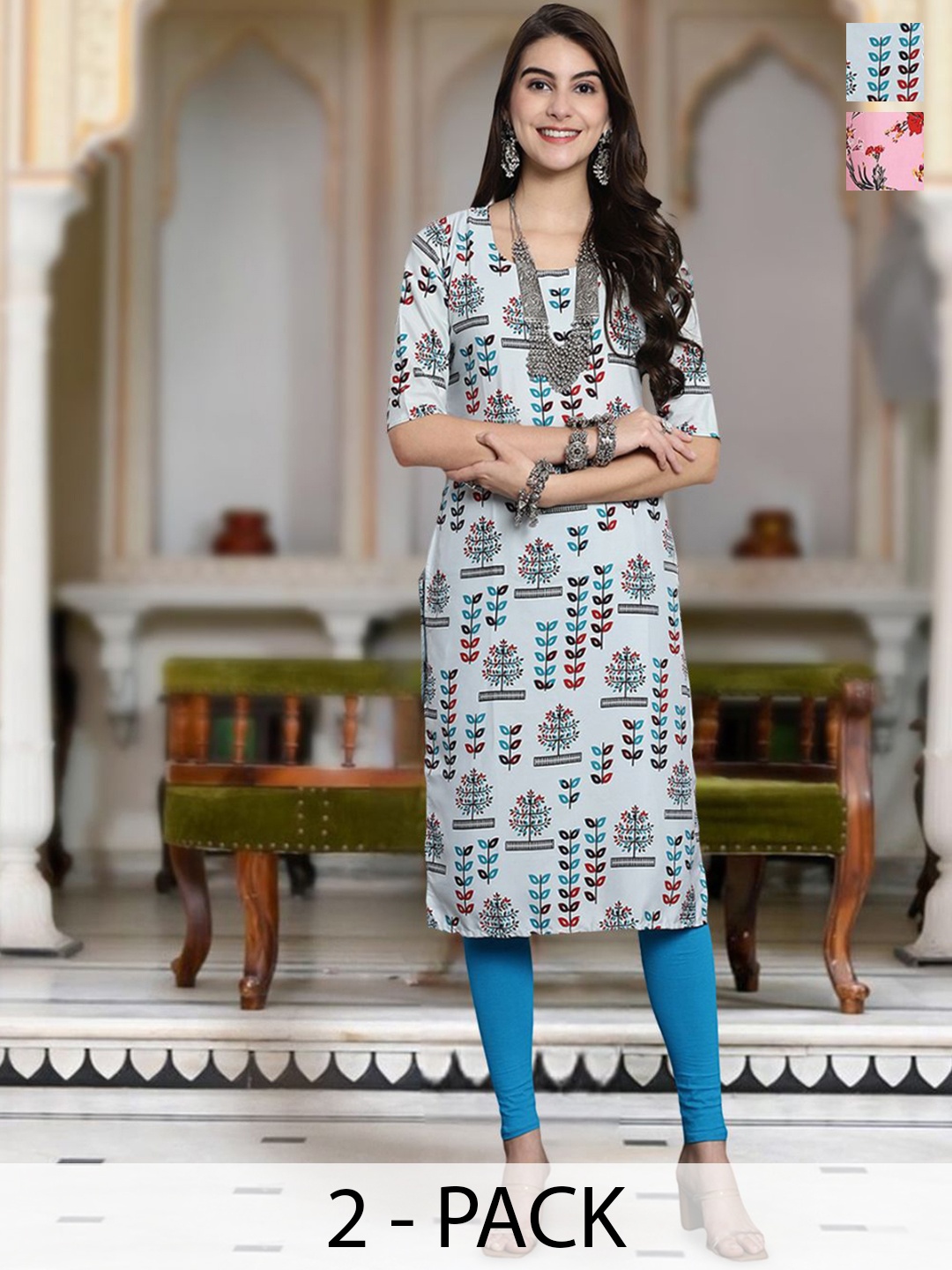 

Moda Rapido Selection Of 2 Floral Printed Round Neck Straight Kurta, Grey