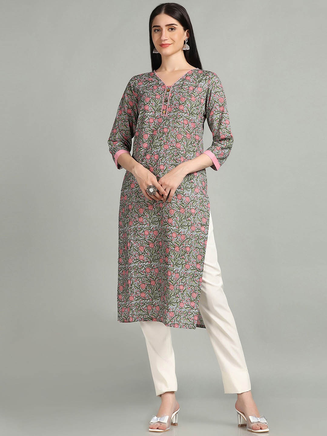 

KALINI Floral Printed Three-Quarter Sleeves Pure Cotton Straight Kurta, Grey