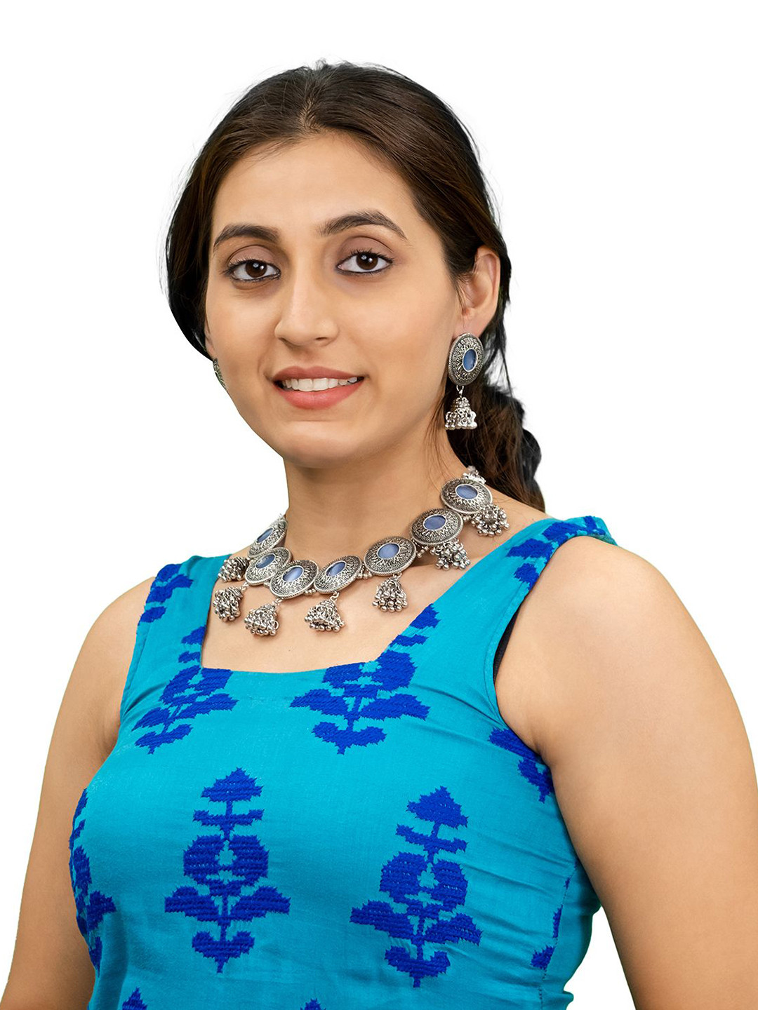 

Shining Jewel - By Shivansh Silver Plated Artificial Stones Studded & Beaded Jewellery Set, Blue