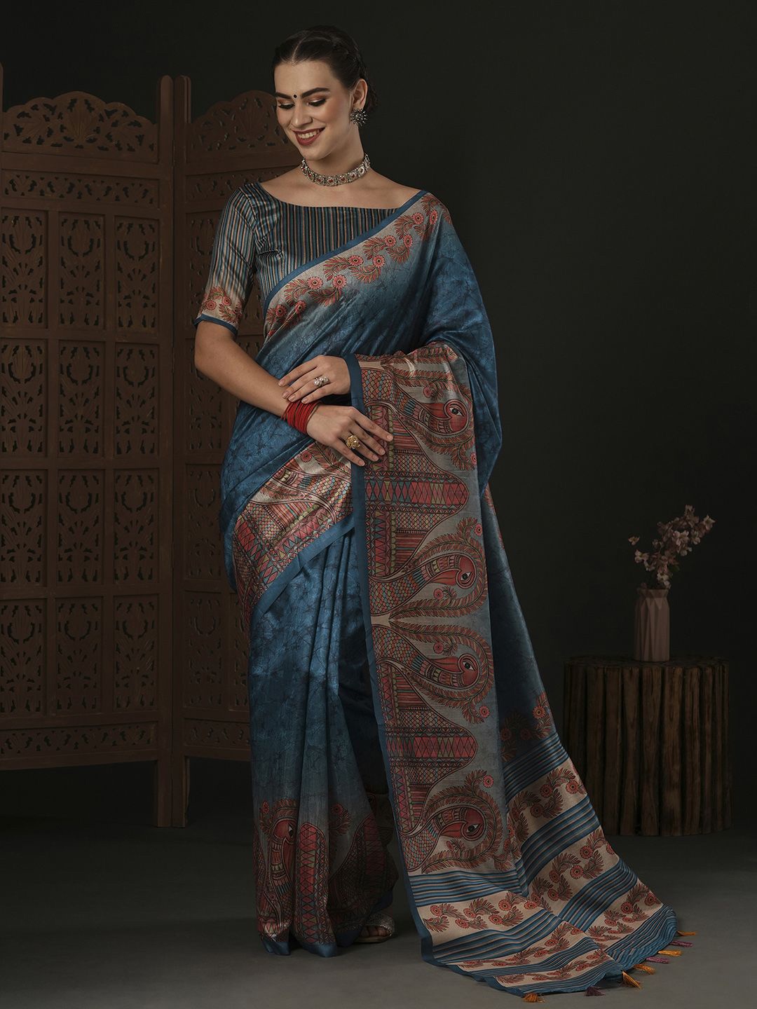 

Mitera Kalamkari Silk Blend Dabu Saree, Blue