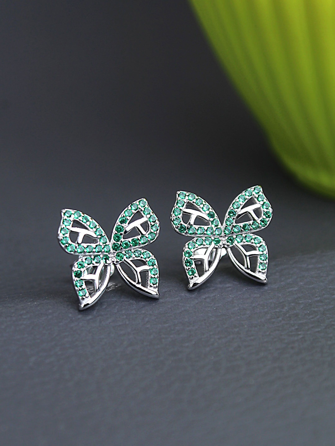 

DEVASHREE 925 Sterling Silver Rhodium-Plated CZ Studded Butterfly Shaped Studs Earrings, Green