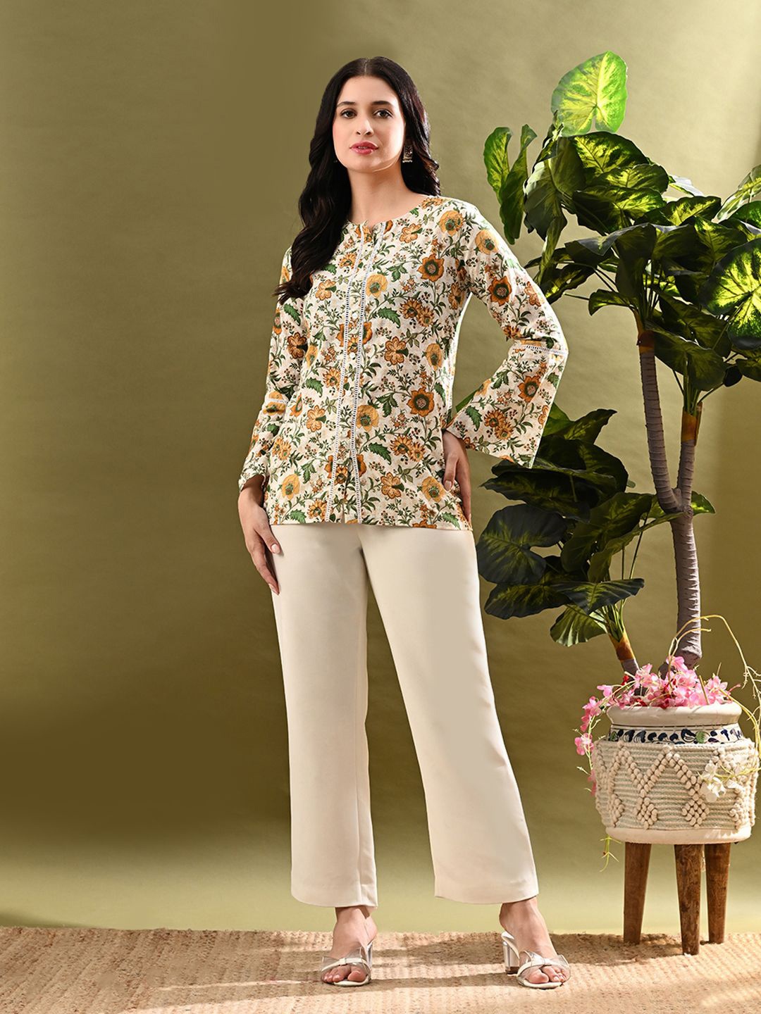 

Sangria Floral Printed Lace Detail Cotton Tunic, Beige