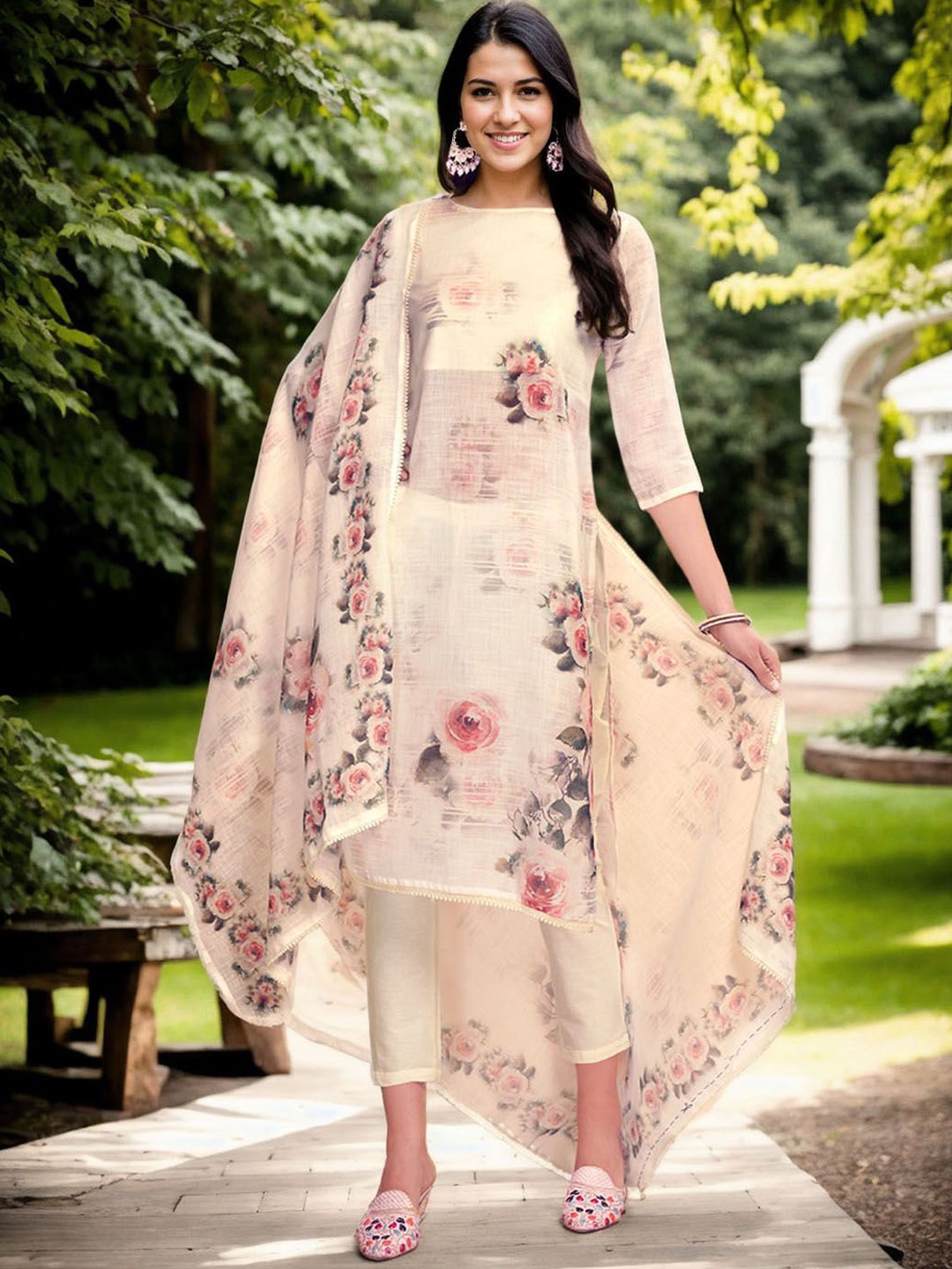 

Anouk Women Floral Printed Regular Linen Kurta with Trousers & With Dupatta, Cream