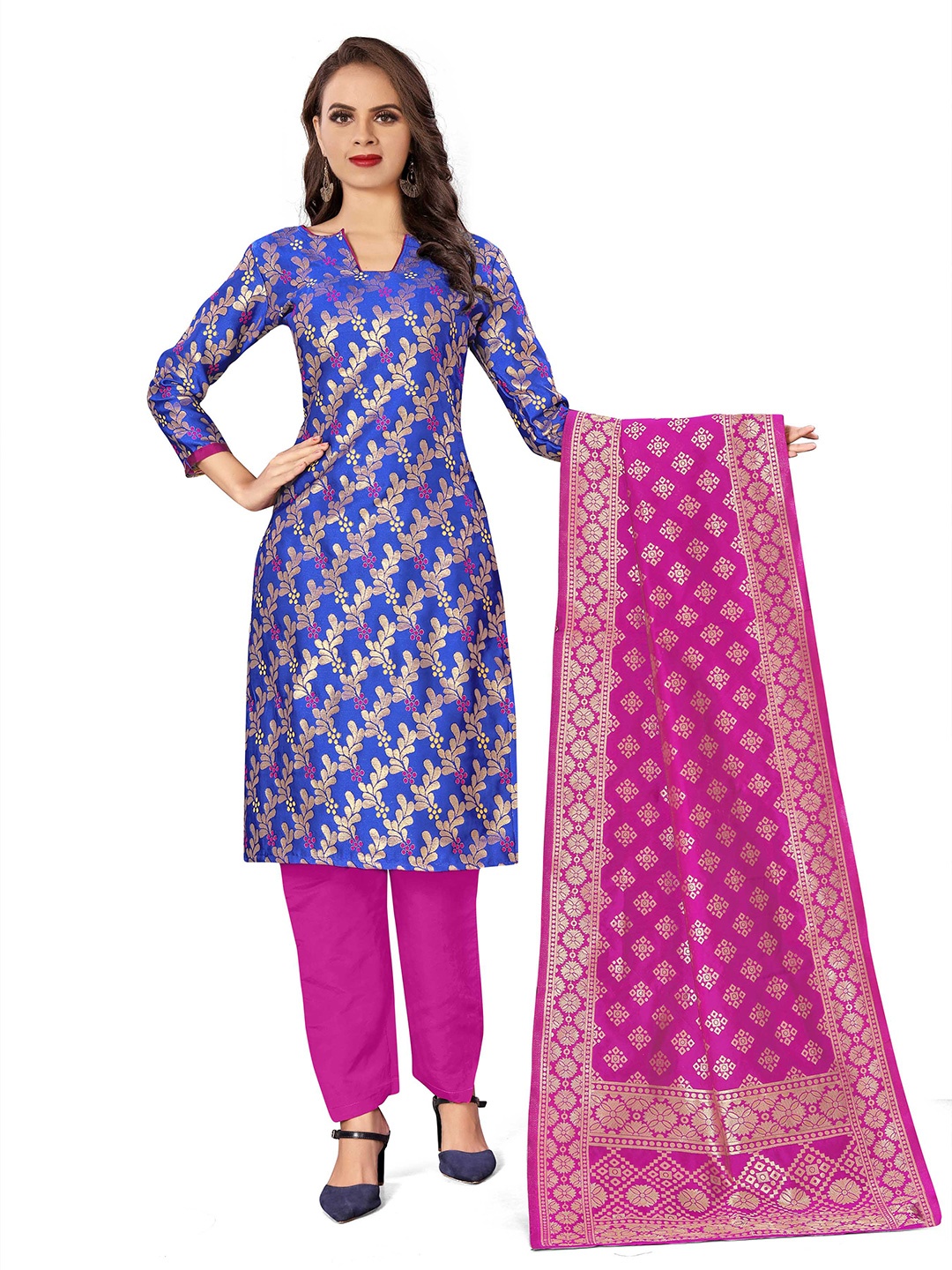 

HERE&NOW Floral Woven Design Banarasi Unstitched Dress Material, Blue