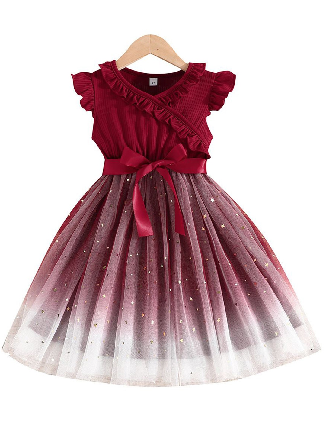 

StyleCast x Revolte Embellished Colourblocked Ruffled A-Line Dress, Maroon