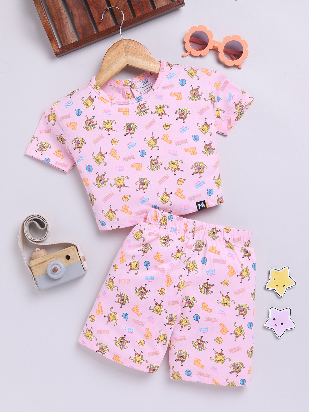

YK X Minute Mirth Girls Spongebob Printed Pure Cotton Top With Shorts, Pink