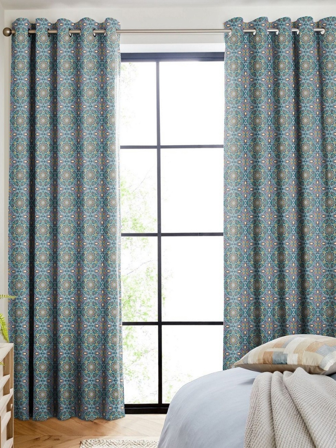 

CASABLEU Anthem Teal & White 2 Pieces Ethnic Motifs Printed Long Door Curtain