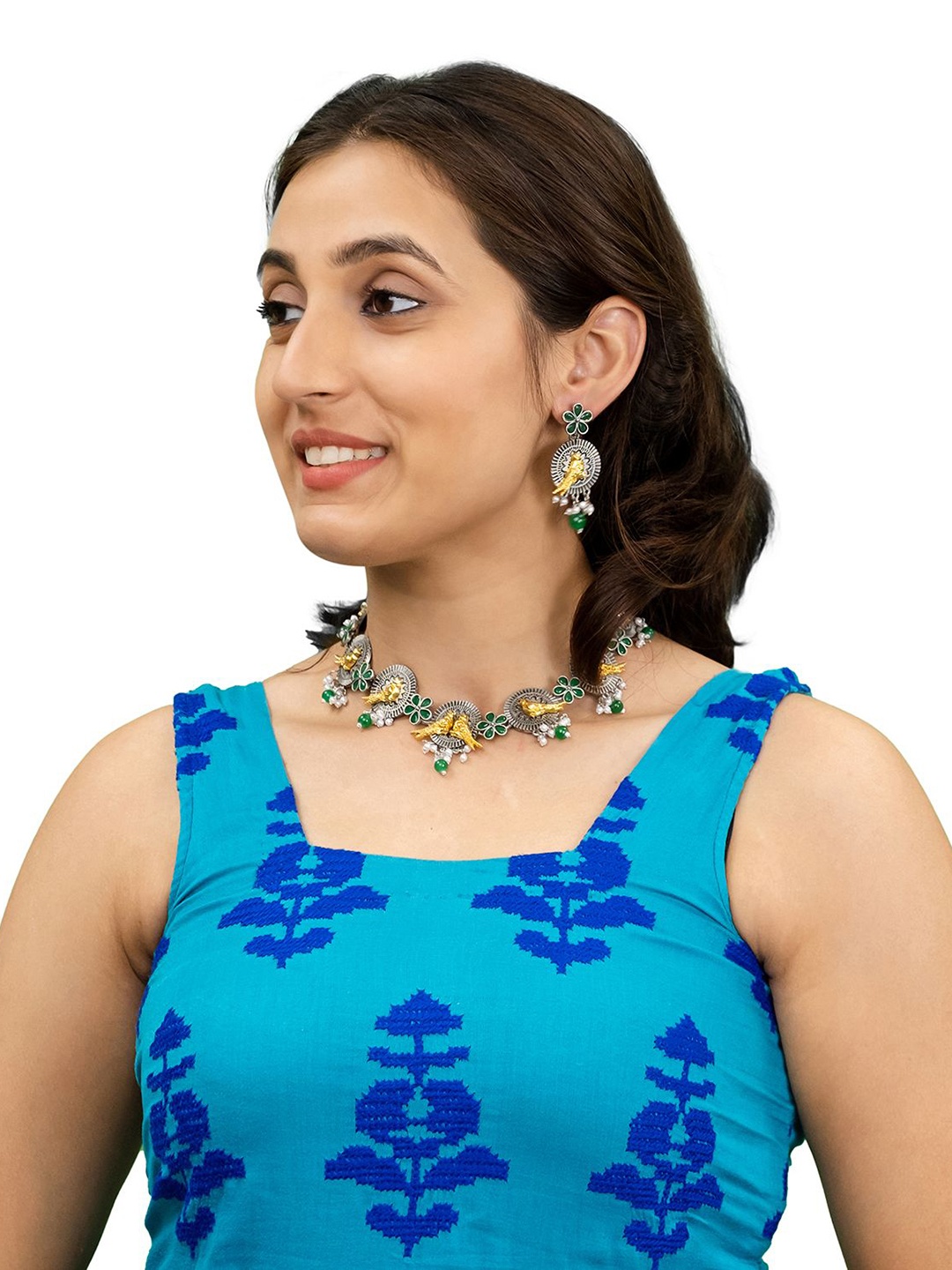 

Shining Jewel - By Shivansh Silver Plated Artificial Stones Studded & Beaded Jewellery Set, Green