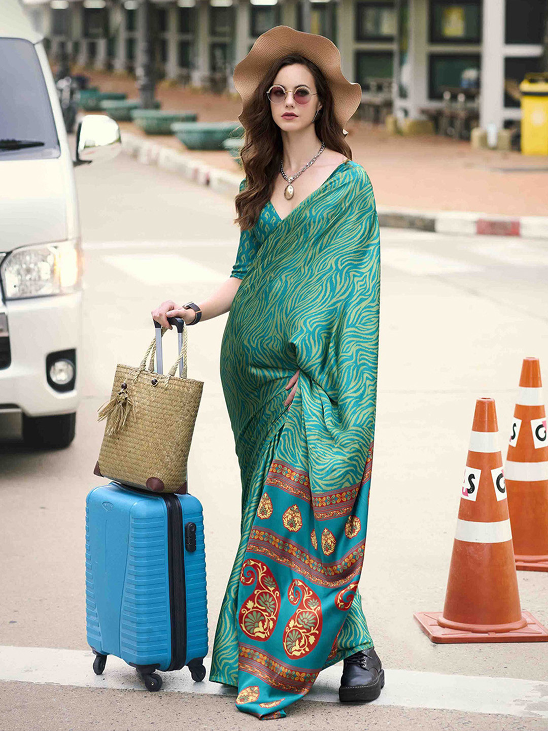 

KALINI Satin Saree, Sea green