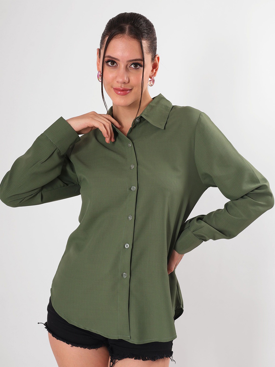 

clobug Women Relaxed Opaque Casual Shirt, Olive